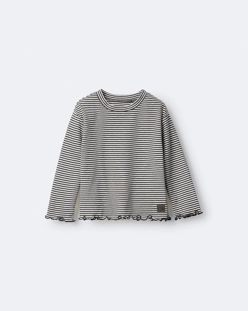 Toddler Girl Striped Ruffle Edge Long-Sleeve Top - Dark Grey/Ivory