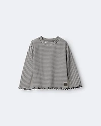 Toddler Girl Striped Ruffle Edge Long-Sleeve Top - Dark Grey/Ivory