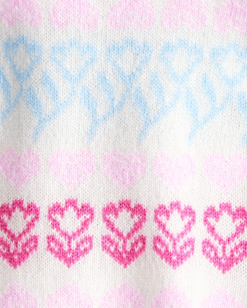 Toddler Girl Floral Fairisle Sweater - Pink/White