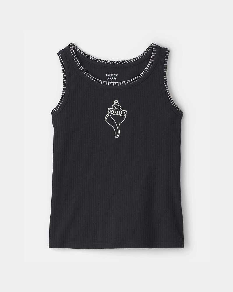 Girls 2-Piece Shell Embroidered Rib Tank Top & Short Set - Black