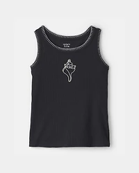Girls 2-Piece Shell Embroidered Rib Tank Top & Short Set - Black