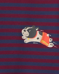 Toddler Boy 4-Piece Dog Striped 100% Cotton Snug Fit Pajama Set - Burgundy/Cream