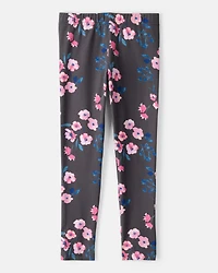 Girls Floral Cotton Pull-On Stretch Leggings - Black