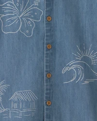 Boys Tropical Denim Short-Sleeve Button-Down Shirt - Medium Wash