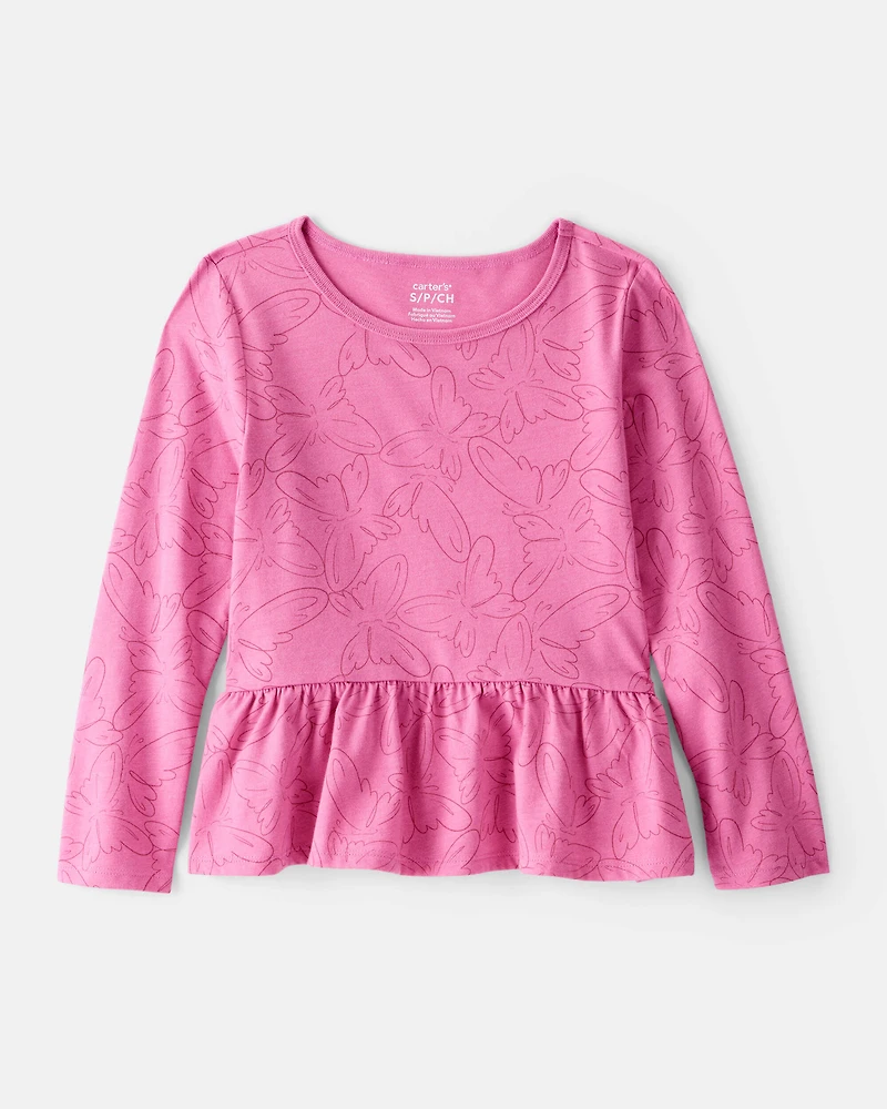 Girls Butterfly Long-Sleeve Peplum Top - Pink