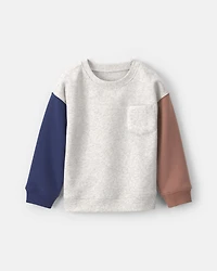 Toddler Boy Color Block Fleece Pullover Sweatshirt - Grey/Brown/Blue