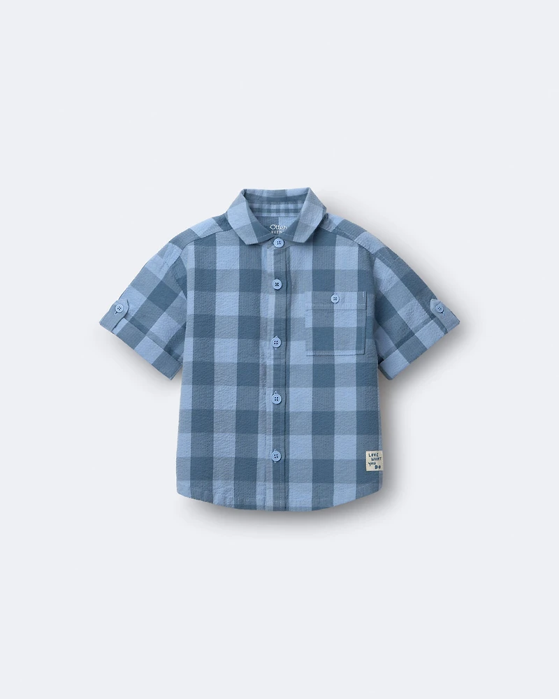 Toddler Boy Button-Down Short-Sleeve Shirt in Plaid - Blue