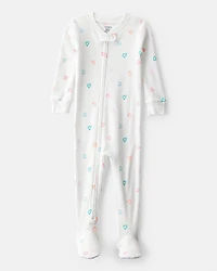 Toddler Girl Heart Cotton Snug Fit Footie 1-Piece Pajamas - White