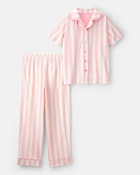 Girls Striped Loose Fit 2-Piece Pajama Set - Pink/Ivory
