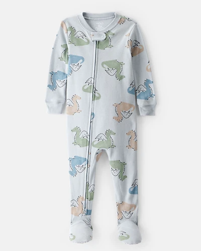 Baby Boy Dragon Print 100% Cotton Long-Sleeve 2-Way Zip 1-Piece Pajamas - Blue