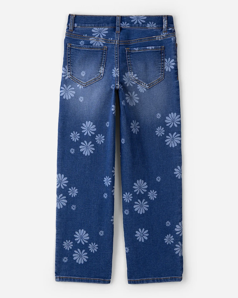 Girls Dark Wash Floral Print Denim Straight-Leg Jeans - Blue