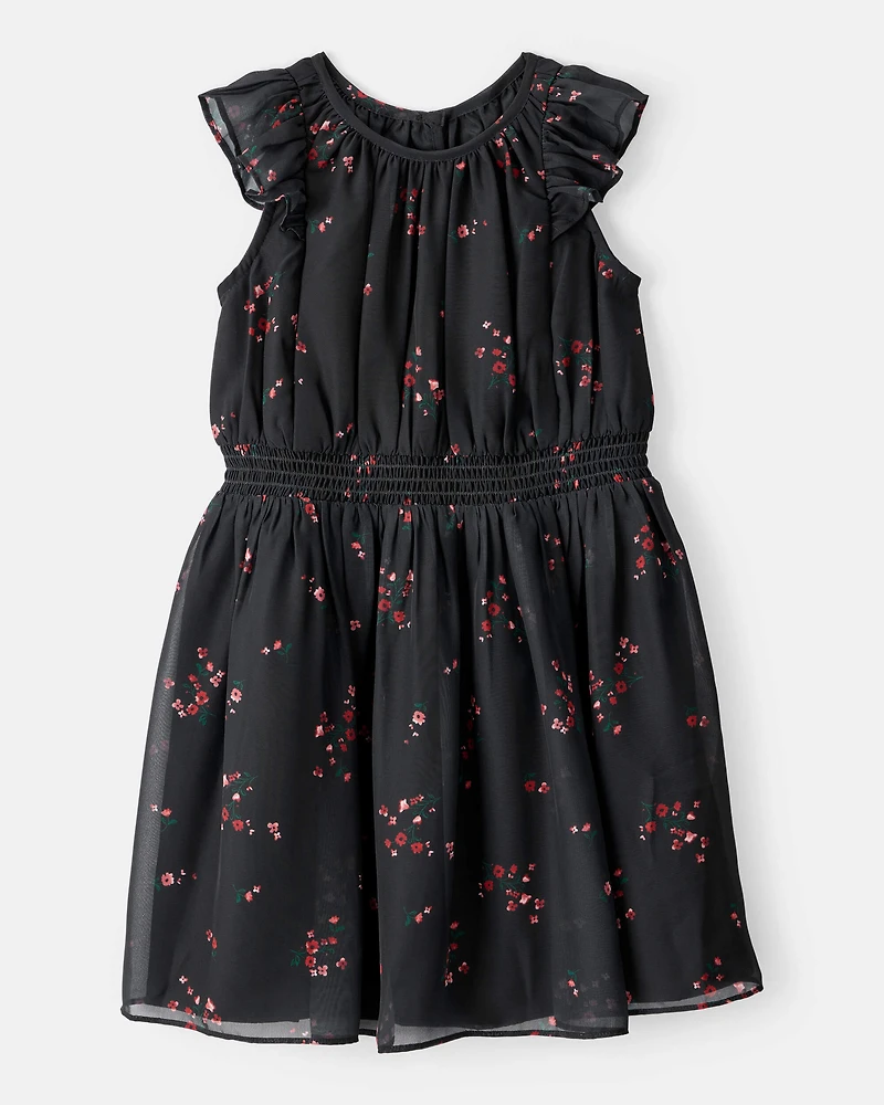 Girls Floral Short-Sleeve Occasion Dress - Black