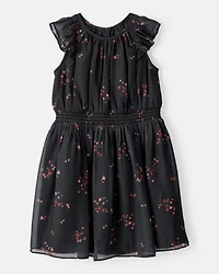 Girls Floral Short-Sleeve Occasion Dress - Black