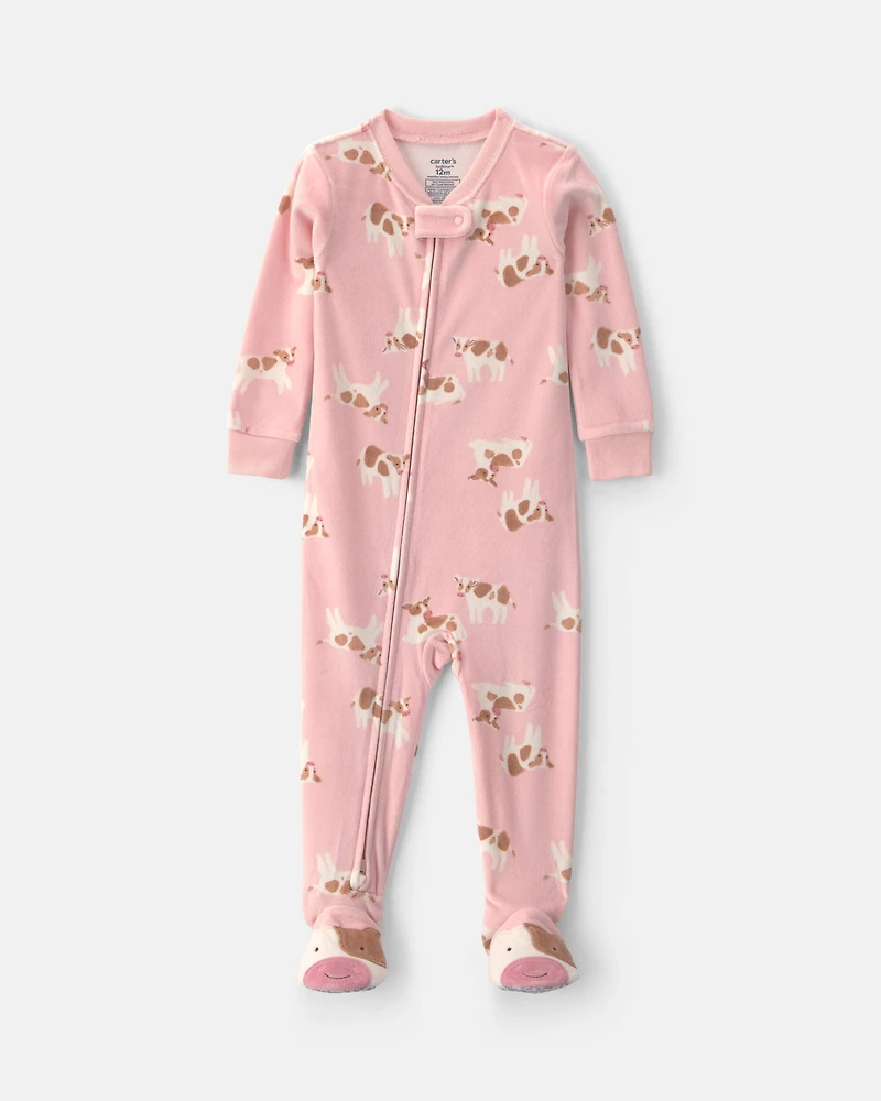 Toddler Girl 1-Piece Cow DreamPlush Snug Fit Footed Pajama - Pink