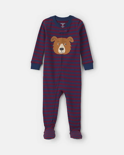 Toddler Boy 1-Piece Dog Striped 100% Cotton Snug Fit Footed Pajama - Burgundy/Blue