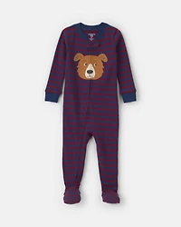 Toddler Boy 1-Piece Dog Striped 100% Cotton Snug Fit Footed Pajama - Burgundy/Blue