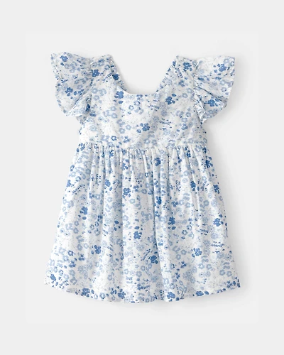 Baby Girl Floral Ruffle Dress - Blue/White
