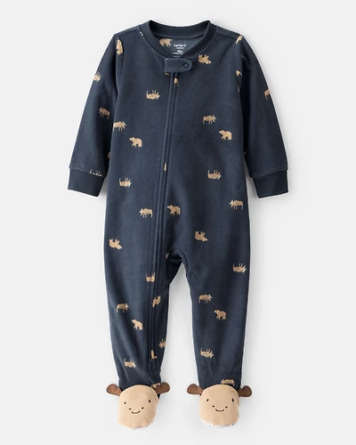 Baby Boy Moose Loose Fit 2-Way Zip 1-Piece Pajamas - Navy