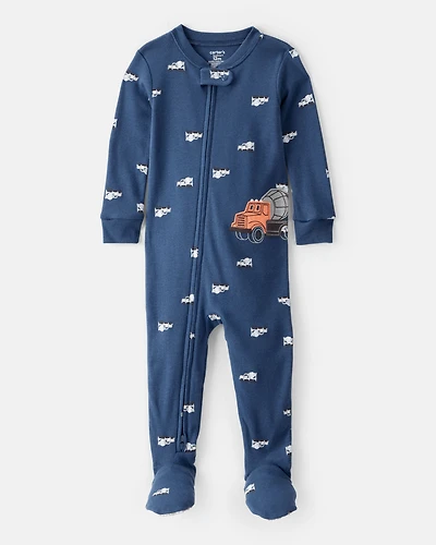 Baby Boy Construction Print 100% Cotton Long-Sleeve 2-Way Zip 1-Piece Pajamas - Blue