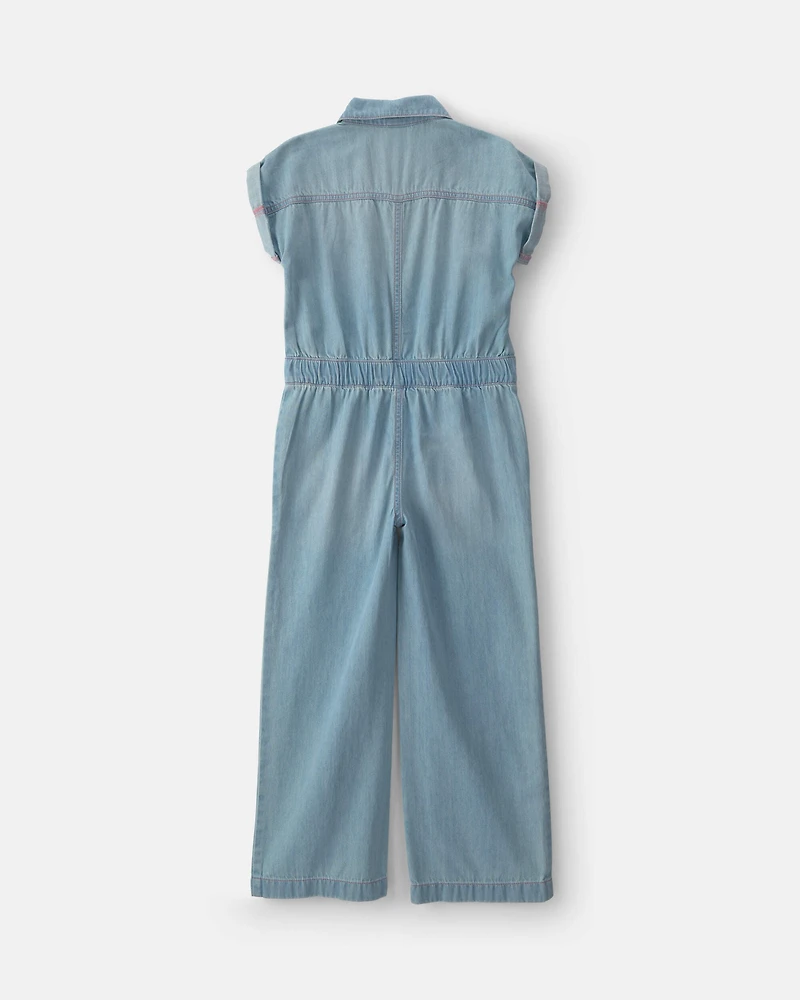 Girls Denim Short-Sleeve Jumpsuit - Light Wash