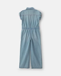 Girls Denim Short-Sleeve Jumpsuit - Light Wash