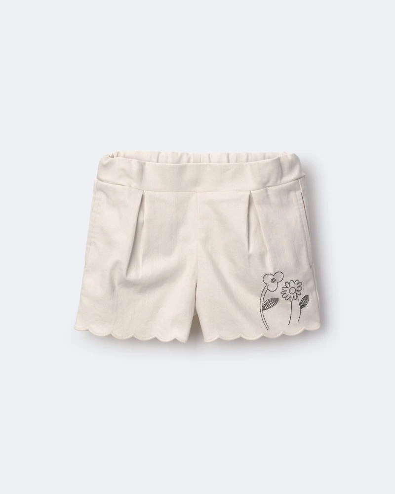 Toddler Girl Floral Scalloped Shorts - Cream