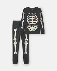 Kids 2-Piece Halloween Skeleton 100% Cotton Snug Fit Pajama Set - Black