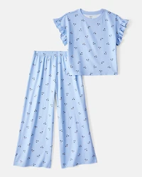 Kid 2-Piece Floral Flutter-Sleeve Pajamas - Blue