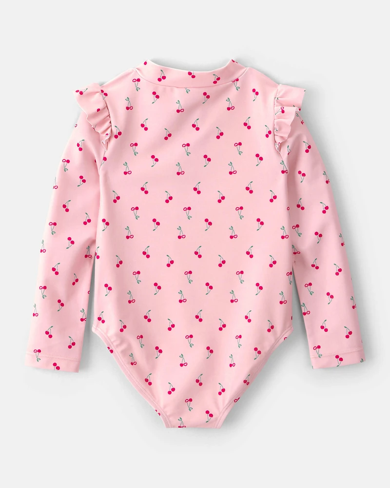 Toddler Girl Cherry Long-Sleeve 1-Piece Rashguard Swimsuit - Pink