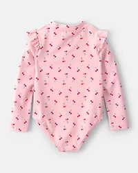 Toddler Girl Cherry Long-Sleeve 1-Piece Rashguard Swimsuit - Pink