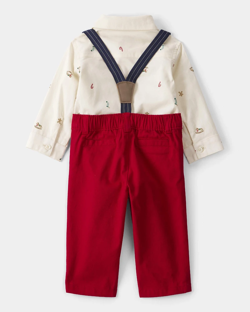 Baby Boy 3-Piece Holiday Print Cotton Long-Sleeve Shirt & Suspender Pant Set - Red/White