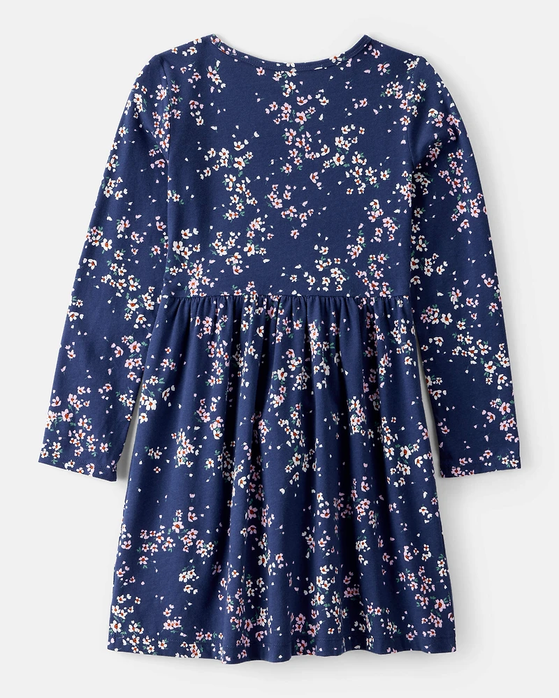 Girls Floral Print Long Sleeve Cotton Dress - Navy