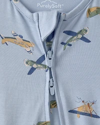 Baby Boy Plane 2-Way Zip PurelySoft Sleep & Play Pajama - Blue