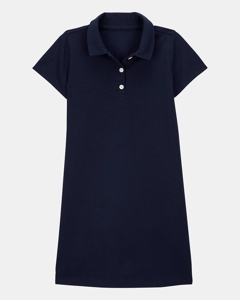 Girls Pique Short-Sleeve Uniform Dress - Navy