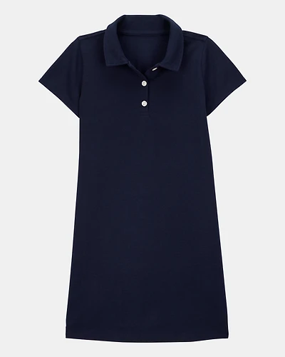 Girls Pique Short-Sleeve Uniform Dress - Navy