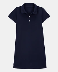 Girls Pique Short-Sleeve Uniform Dress - Navy