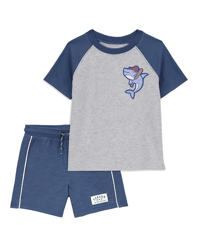 Baby 2-Piece Shark Baseball Short-Sleeve Tee & Pull-On Shorts Set - Grey/Navy