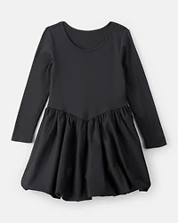 Girls Long Sleeve Cotton Bubble Dress - Black