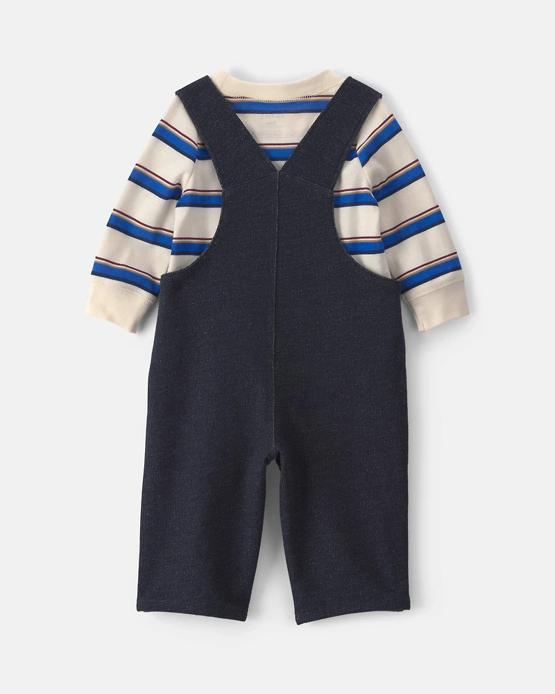 Baby Boy 2-Piece Striped French Terry Long-Sleeve Overall Set - Indigo/Cream