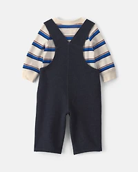 Baby Boy 2-Piece Striped French Terry Long-Sleeve Overall Set - Indigo/Cream