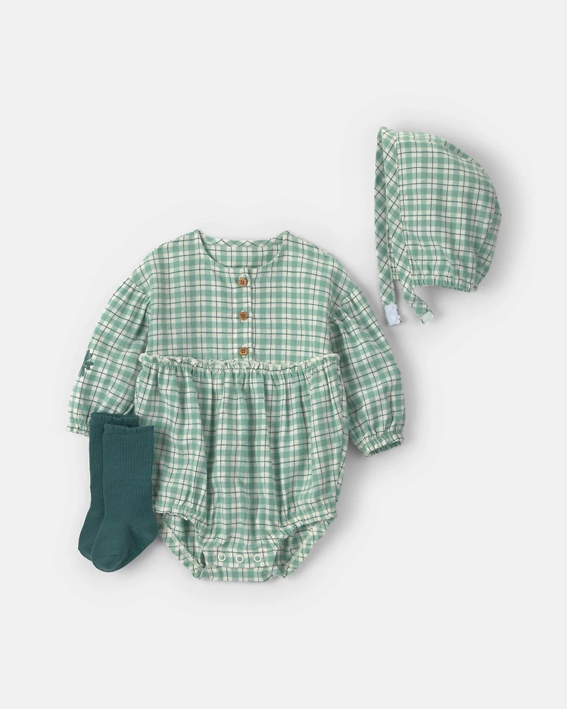 Baby Girl 3-Piece Flannel Long-Sleeve Bubble Set - Green
