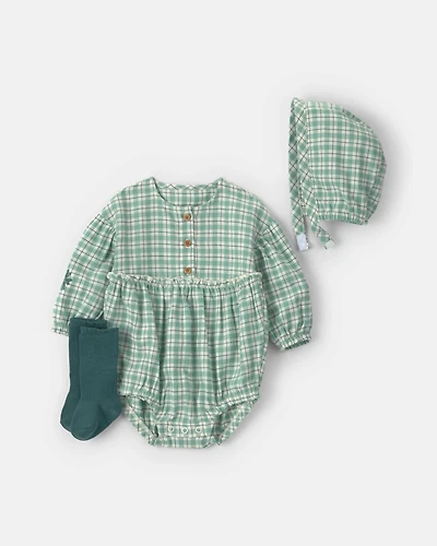Baby Girl 3-Piece Flannel Long-Sleeve Bubble Set - Green