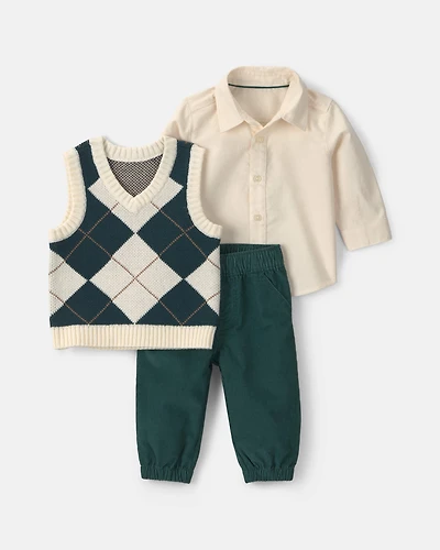 Baby Boy 3-Piece Argyle Layering Set - Green/Cream