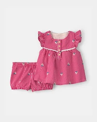 Baby Girl 2-Piece Teddy Bear Sailboat Top & Short Set - Red