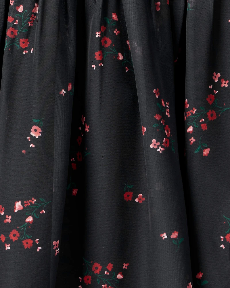 Girls Floral Short-Sleeve Occasion Dress - Black
