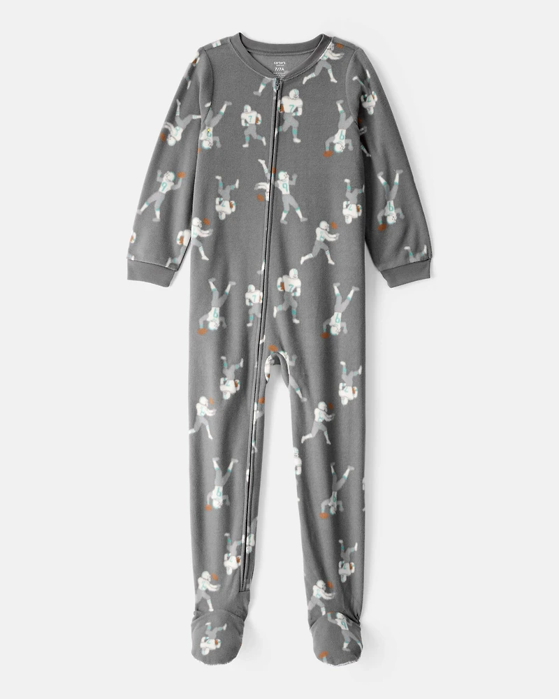 Boys Football Print Loose Fit Long-Sleeve Zip-Up 1-Piece Pajamas
