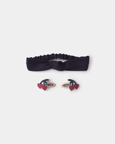 Toddler Girl 2-Pack Cherry Headwrap & Hair Clip Set - Navy Blue/Red