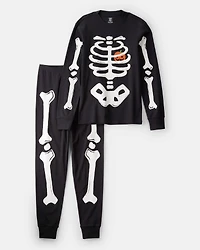 Adult 2-Piece Glow Skeleton Halloween 100% Snug Fit Cotton Pajamas - Black