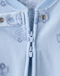 Baby Boy Firetruck Print Loose Fit 2-Way Zip 1-Piece Pajamas - Blue