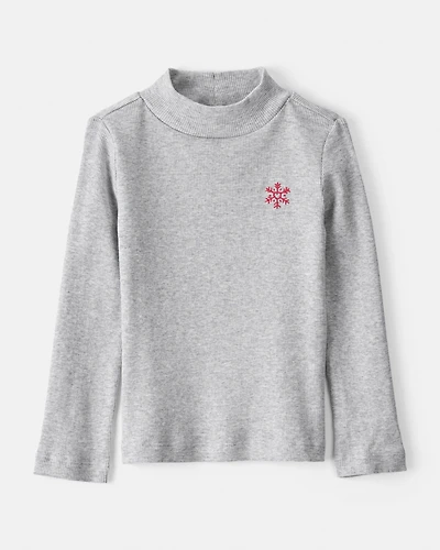 Toddler Girl Snowflake Mock Neck Rib Top - Grey
